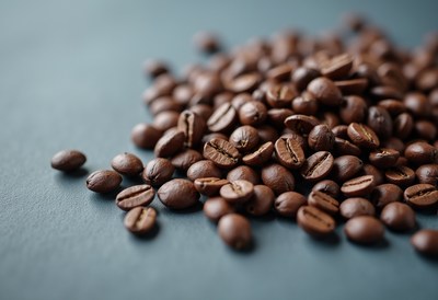 Freshly roasted coffee beans on a blue surface