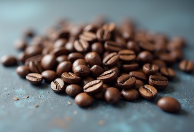 Coffee beans on a blue background ready for brewing