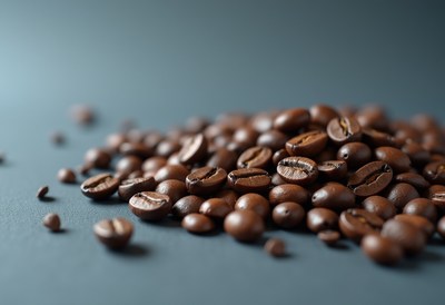 Freshly roasted coffee beans scattered on dark surface