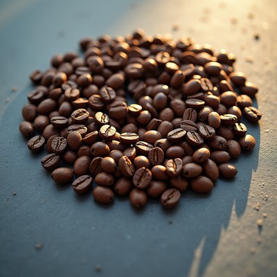 Coffee beans illuminated by warm sunlight on a surface