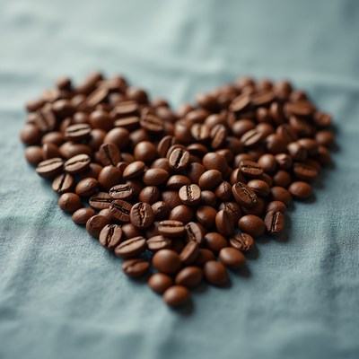 Coffee beans arranged in a heart shape on fabric