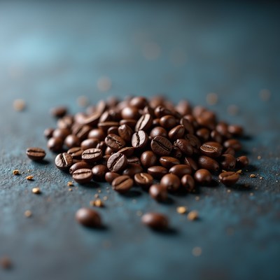 Coffee beans scattered on a textured surface