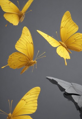 Yellow butterflies flying near gray rock sculpture