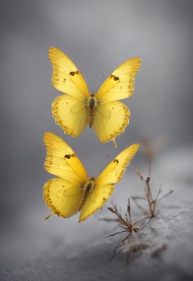 Yellow butterflies flying near small plants in nature