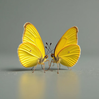 Yellow butterflies facing each other on a gray surface