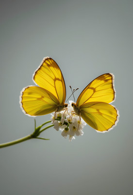 Yellow butterflies on delicate white flowers in daylight