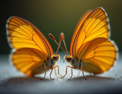 Butterflies display vibrant orange wings in nature setting