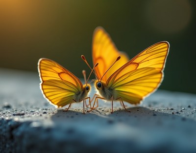 Yellow butterflies resting on a surface during sunset