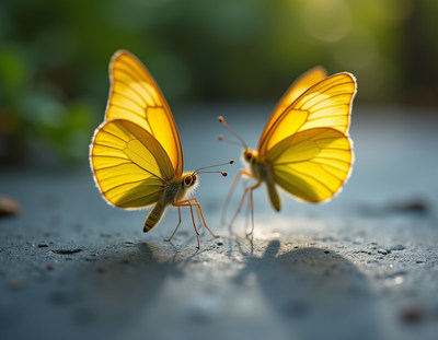 Two yellow butterflies interacting in a garden setting