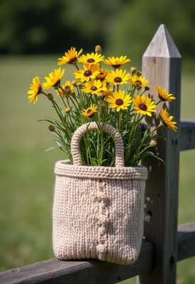 Bright yellow flowers in a basket on a wooden fence post