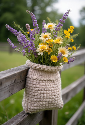 Colorful flowers in a crochet bag on a wooden fence