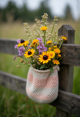 Colorful flowers in a crochet bag on a wooden fence