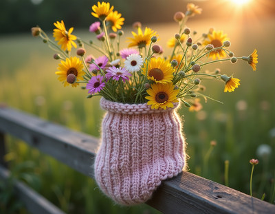 Vibrant flowers in a knitted vase at sunset