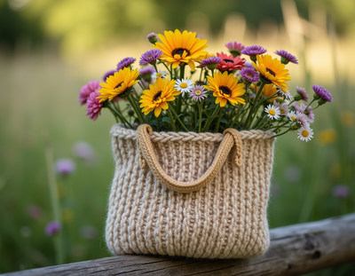 Bright flowers in a cozy basket on a sunny day