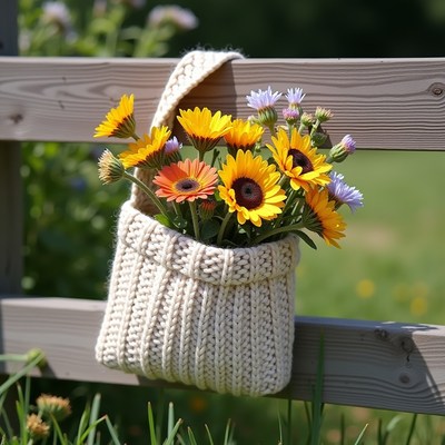 Flowers in a knitted bag hanging on a wooden fence
