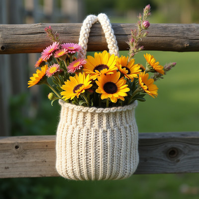 Bright yellow flowers in a knitted bag hanging outdoors