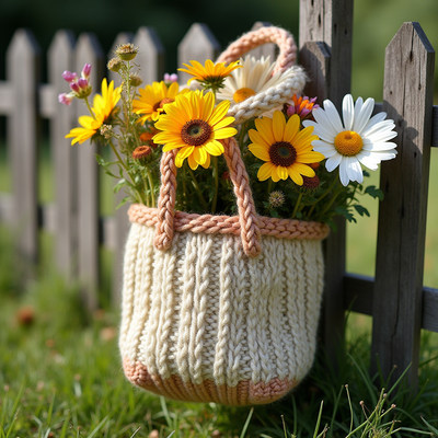 Knitted Basket of Daisies on Wooden Fence