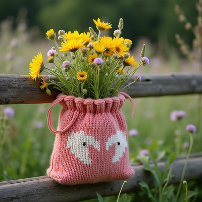 Flowers in a knitted bag on a wooden fence in a meadow