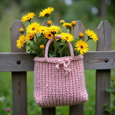 Knitted bag with flowers displayed on a wooden fence