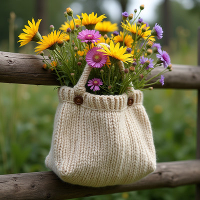 Creative flower arrangement in knitted bag on fence
