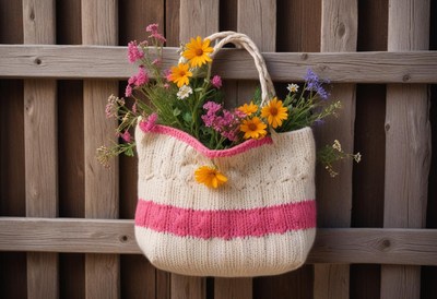 Woven bag adorned with fresh flowers near wooden fence
