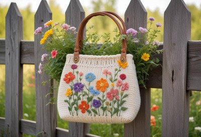 Beautiful embroidered handbag displayed in a flower garden