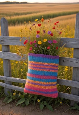 Colorful flowers in knitted bag hung on rustic fence