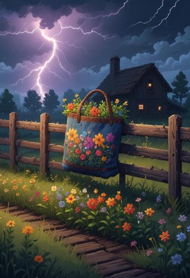 Flowers brighten a stormy night in a rustic setting