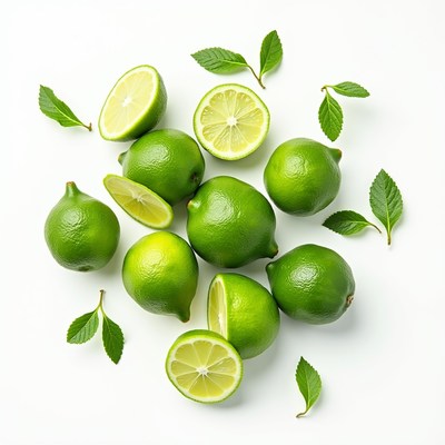 Fresh limes arranged on a clean surface with green leaves