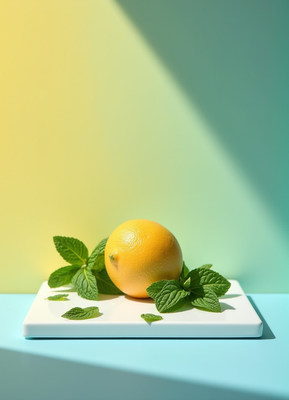 Fresh lemon with mint leaves on a vibrant background
