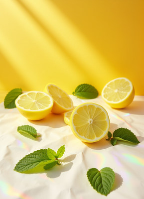 Fresh lemons and mint garnishing a bright yellow background
