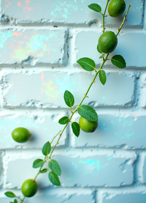 Fresh limes hanging on a branch against a light brick wall