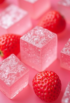 Delicious strawberry-flavored candy cubes on pink background