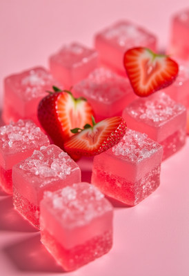 Colorful strawberry jelly cubes on pink background