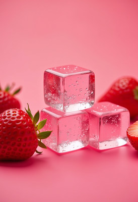 Ice cubes and strawberries on a vibrant pink background