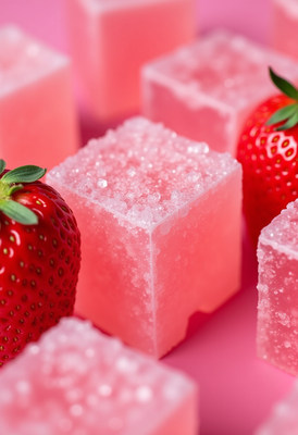 Delicious pink jelly squares with fresh strawberries