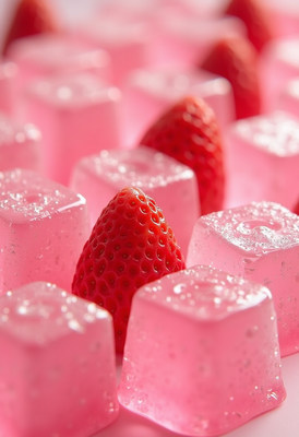 Fresh strawberries surrounded by pink gelatin cubes