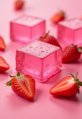 Fresh strawberries and jelly cubes on pink background
