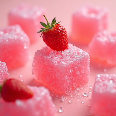 Sweet strawberry treat with pink jelly cubes on display