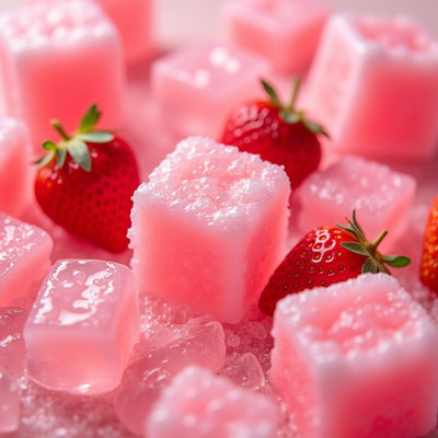 Refreshing pink strawberry ice cubes on a summer table