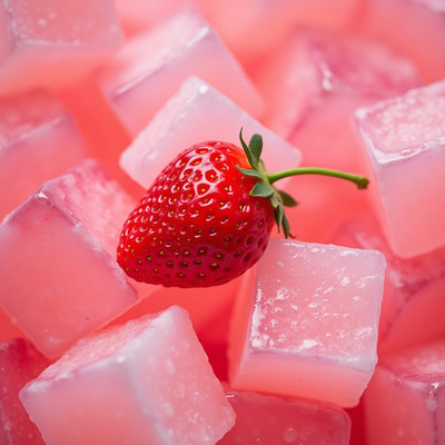 Strawberry on pink gelatin cubes in bright setting