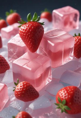Refreshing strawberries and ice cubes on display