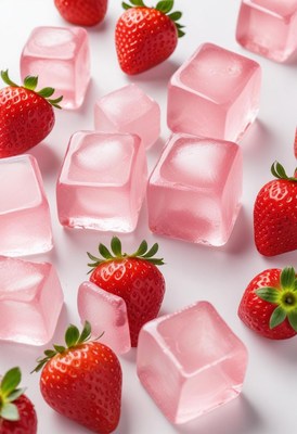 Fresh strawberries and pink ice cubes arranged creatively
