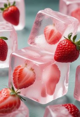 Strawberries frozen in ice cubes for refreshing drinks