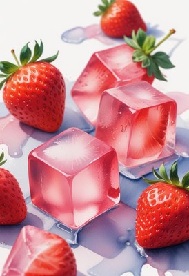 Refreshing strawberries and ice cubes on a clear surface