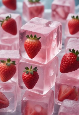 Strawberries in ice for refreshing drinks