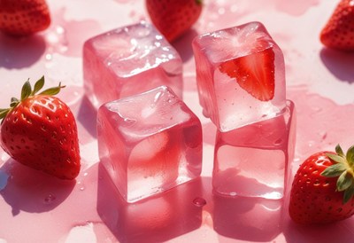 Refreshing strawberries and ice cubes on a pink surface