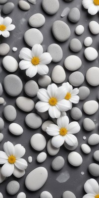 White flowers arranged with gray pebbles in harmony