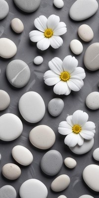 Arrangement of pebbles and flowers on a gray background