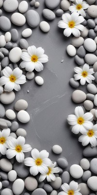 Flowers and stones create a serene tabletop arrangement